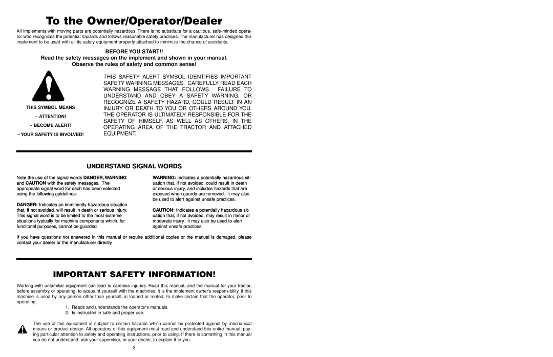 Worksaver DCR-5 To the Owner/Operator/Dealer, Important Safety Information, Understand Signal Words, Before You Start 