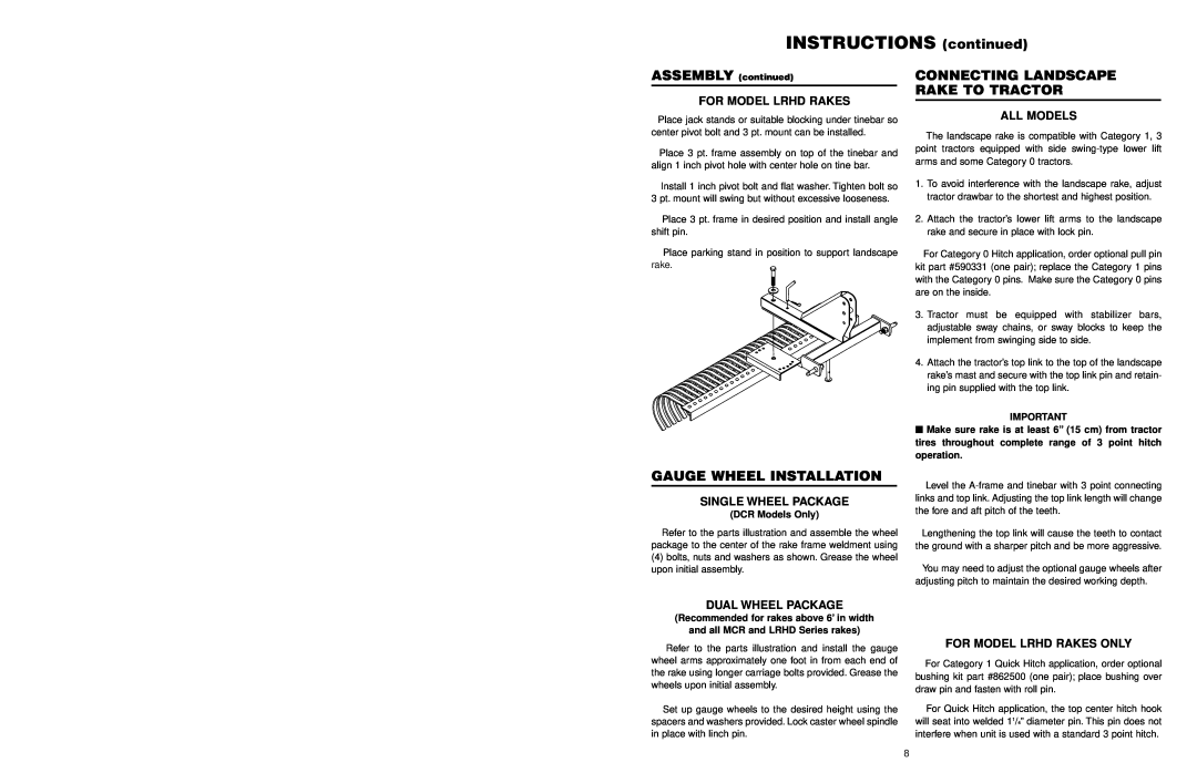 Worksaver MCR-6, LRHD-7 INSTRUCTIONS continued, Gauge Wheel Installation, Connecting Landscape Rake To Tractor, All Models 