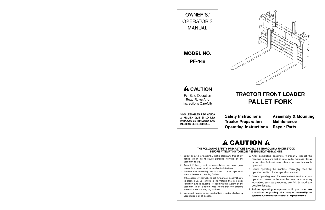 Worksaver PF-448 operating instructions Pallet Fork, Model no 