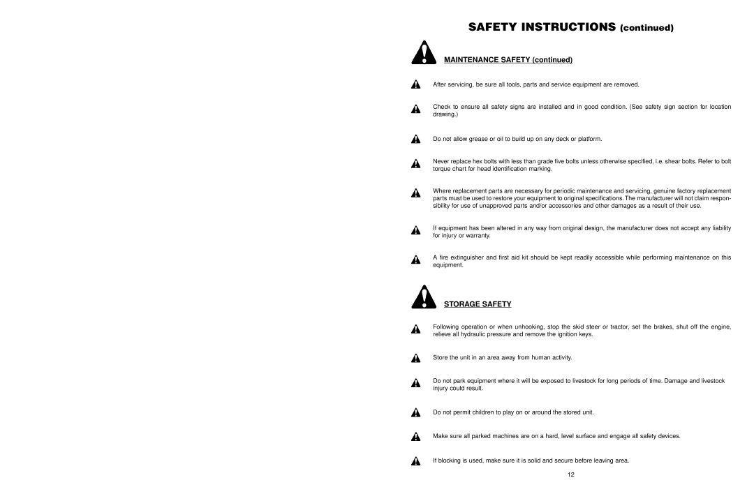 Worksaver PF-448 operating instructions Maintenance Safety, Storage Safety 