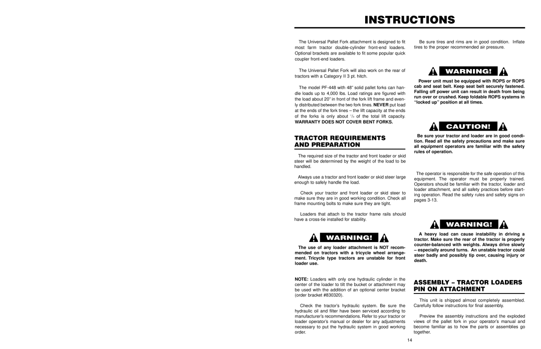 Worksaver PF-448 Instructions, Tractor Requirements Preparation, Assembly Tractor Loaders PIN on Attachment 