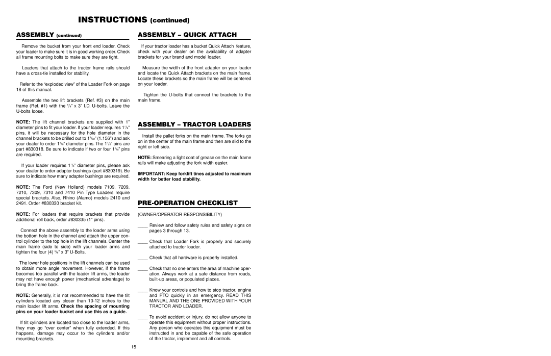 Worksaver PF-448 operating instructions Assembly Quick Attach, Assembly Tractor Loaders, PRE-OPERATION Checklist 