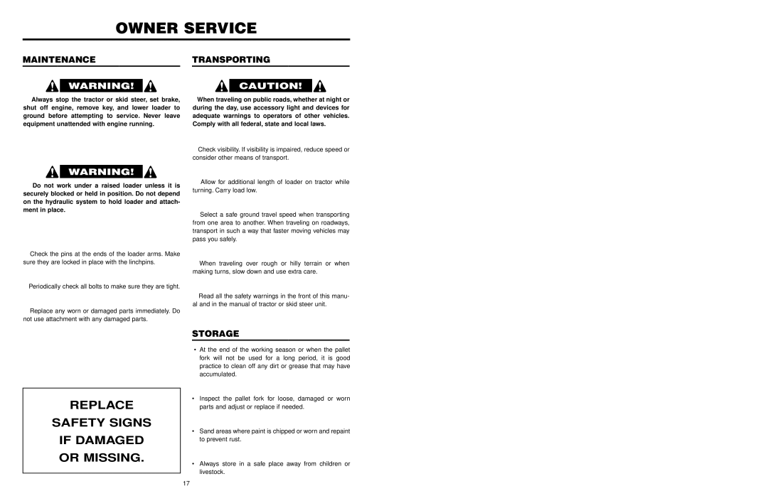 Worksaver PF-448 Owner Service, Replace Safety Signs If Damaged Or Missing, Maintenancetransporting, Storage 