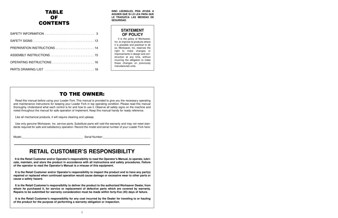 Worksaver PF-448 operating instructions Contents, To the Owner 