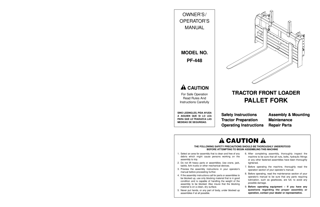 Worksaver operating instructions Pallet Fork, Tractor Front Loader, Owner’S Operator’S Manual, MODEL NO PF-448 
