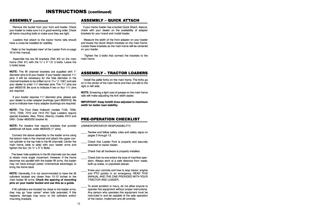 Worksaver PF-448 INSTRUCTIONS continued, Assembly - Quick Attach, Assembly - Tractor Loaders, Pre-Operationchecklist 