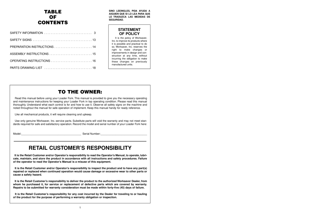 Worksaver PF-448 Retail Customer’S Responsibility, Table Of Contents, To The Owner, Statement Of Policy 