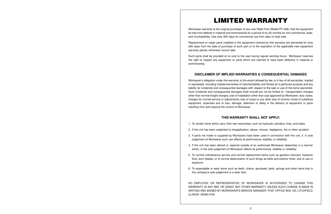Worksaver PF-448 operating instructions Limited Warranty, This Warranty Shall Not Apply 