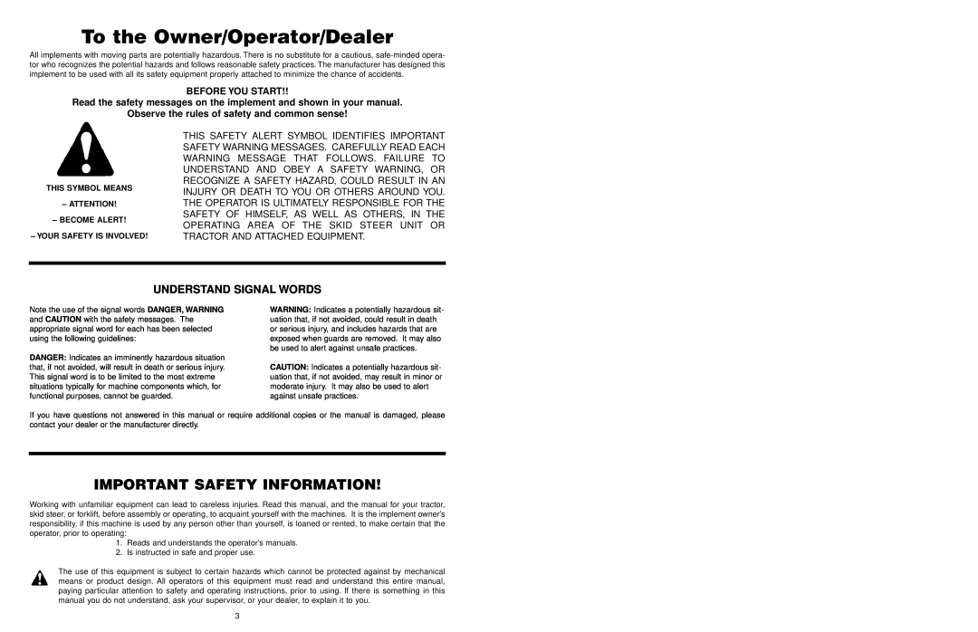 Worksaver PF-448 To the Owner/Operator/Dealer, Important Safety Information, Understand Signal Words, Before You Start 