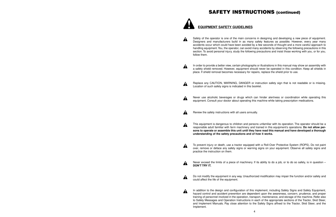 Worksaver PF-448 operating instructions SAFETY INSTRUCTIONS continued, Equipment Safety Guidelines 
