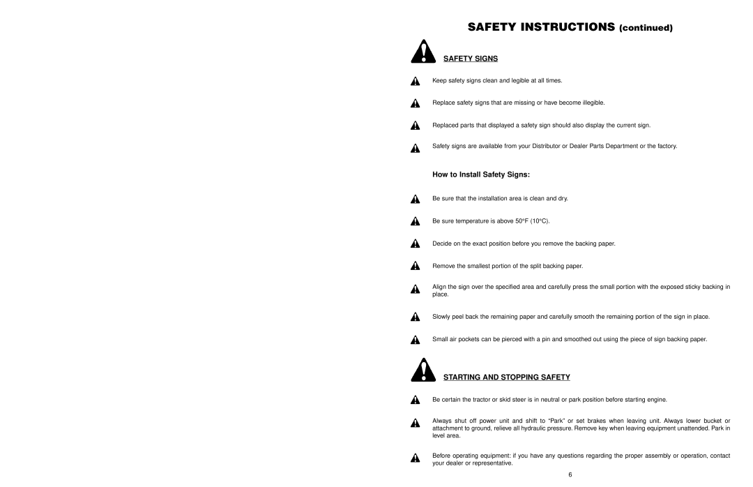 Worksaver PF-448 How to Install Safety Signs, Starting And Stopping Safety, SAFETY INSTRUCTIONS continued 