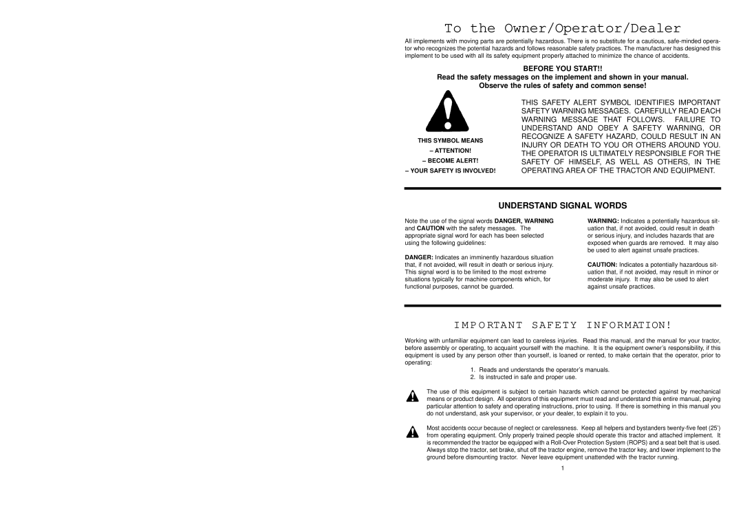 Worksaver PLR-48, PLR-60, PLR-72, PBX-42, PLR-48, PLR-72, PLR-60, PBX-42 To the Owner/Operator/Dealer, Before YOU Start 