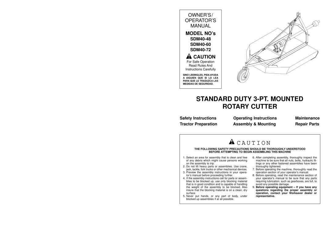 Worksaver SDM40-72, SDM40-48, SDM40-60 manual Standard Duty 3-PT. Mounted Rotary Cutter 