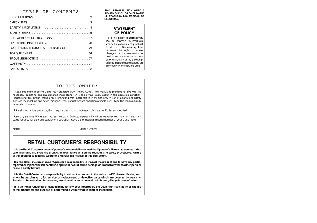 Worksaver SDM40-60, SDM40-48, SDM40-72 manual Table of Contents, To the Owner 