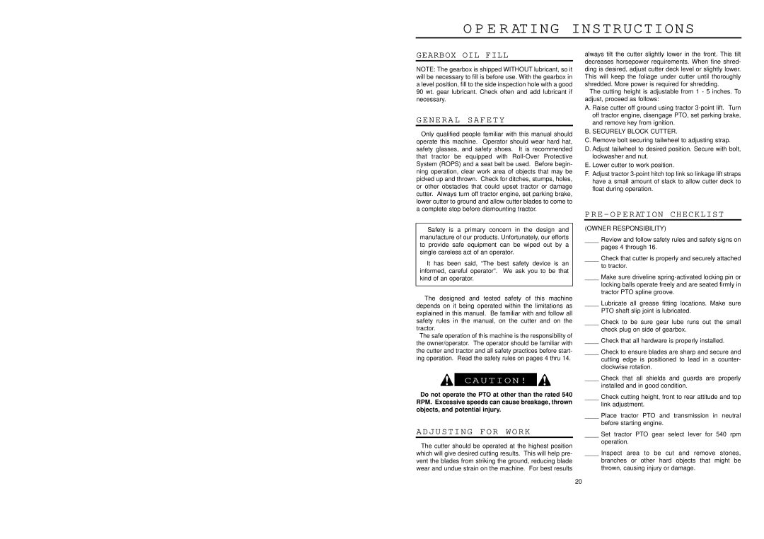 Worksaver SDM40-48, SDM40-72, SDM40-60 manual Gearbox OIL Fill General Safety, Adjusting for Work, PRE Operation Checklist 