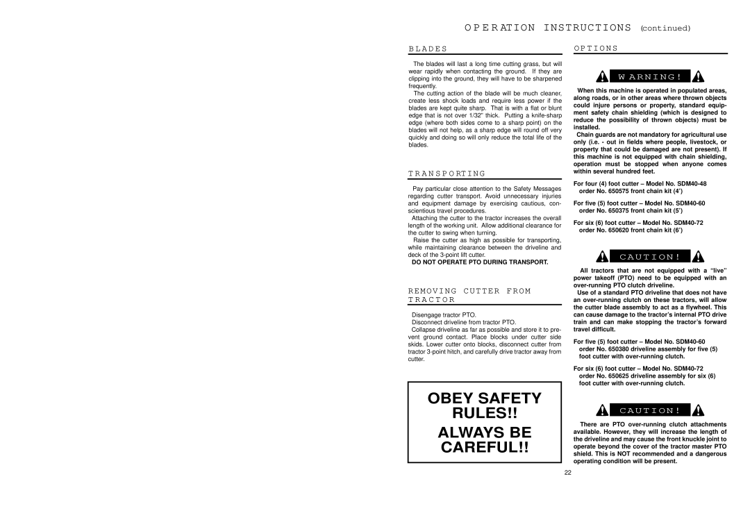 Worksaver SDM40-60, SDM40-48, SDM40-72 manual A D E S, A N S P O Rting, Removing Cutter from T R a C T O R, Options 