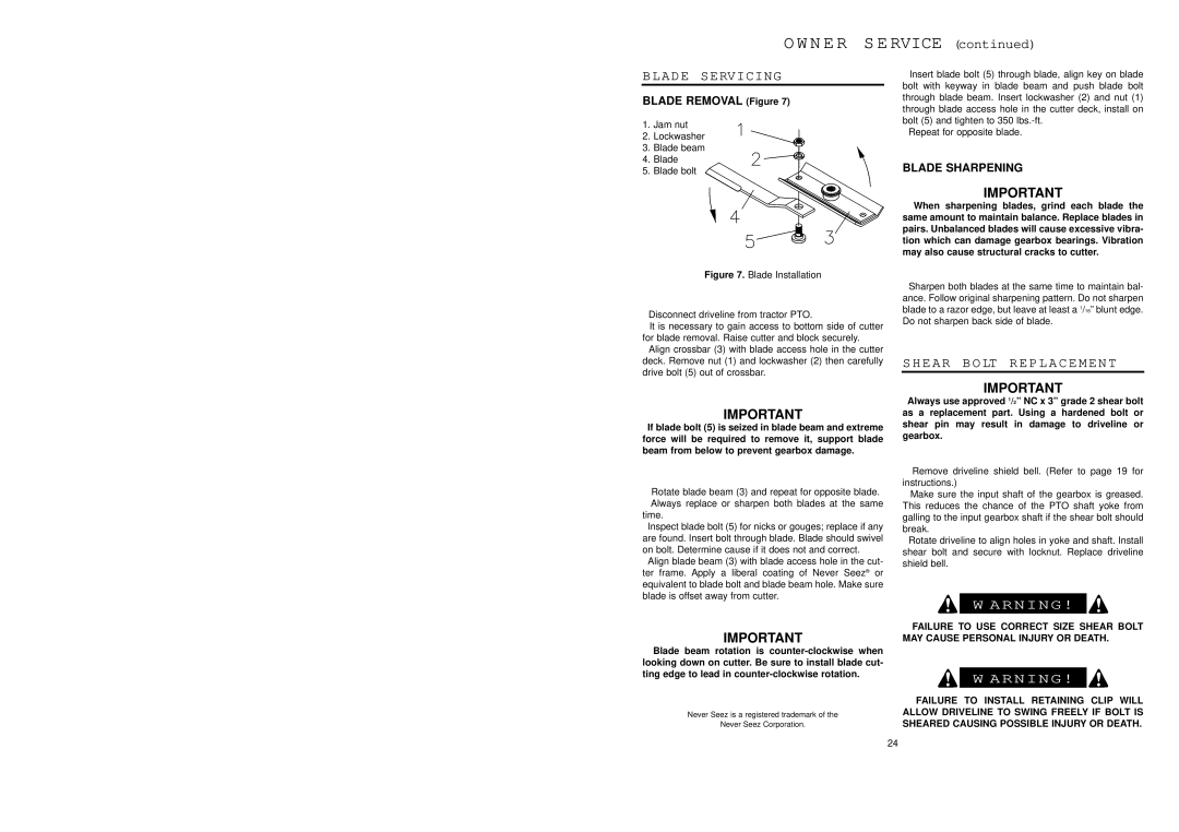 Worksaver SDM40-72, SDM40-48, SDM40-60 manual Blade Servicing, Shear Bolt Replacement, Blade Sharpening 