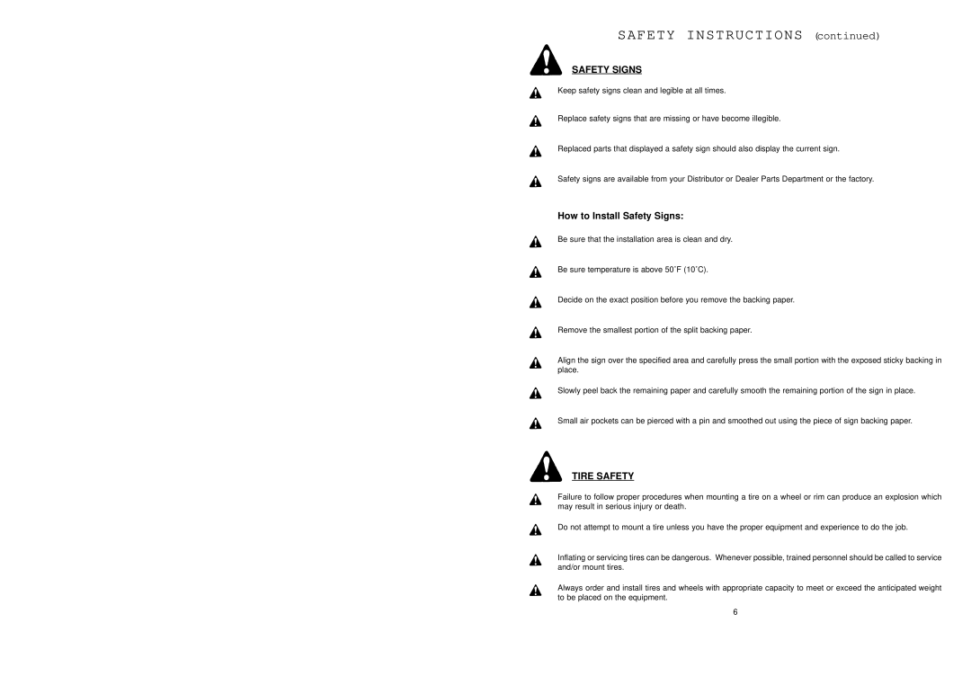 Worksaver SDM40-72, SDM40-48, SDM40-60 manual Safety Signs, Tire Safety 