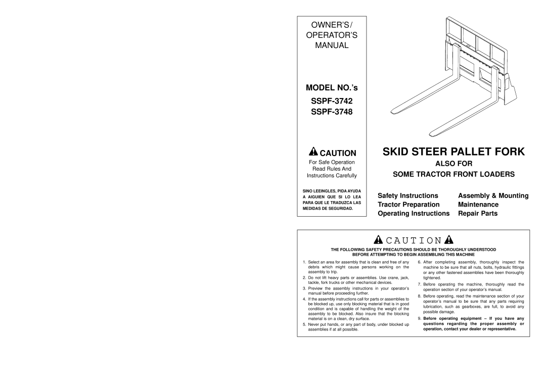 Worksaver SSPF-3742 operating instructions Skid Steer Pallet Fork 