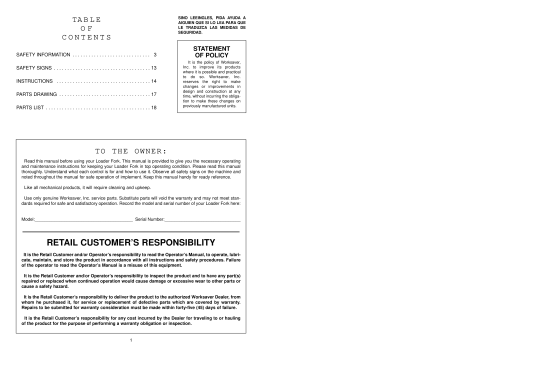 Worksaver SSPF-3742 operating instructions Retail CUSTOMER’S Responsibility 