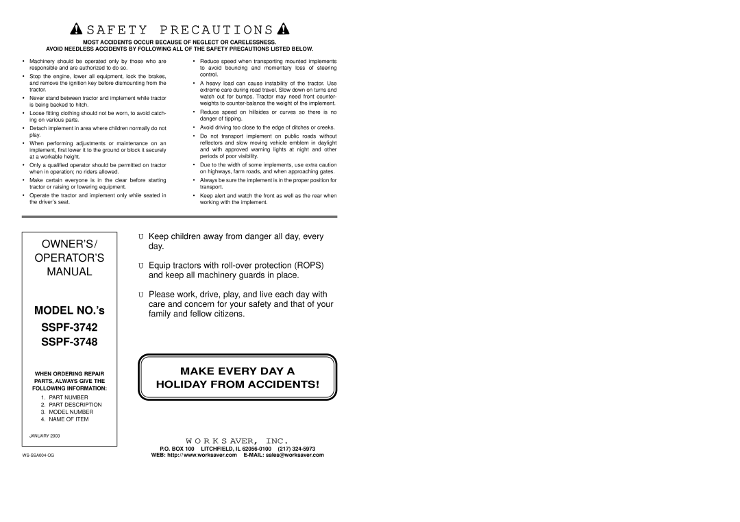 Worksaver SSPF-3742 operating instructions Safety Precautions 