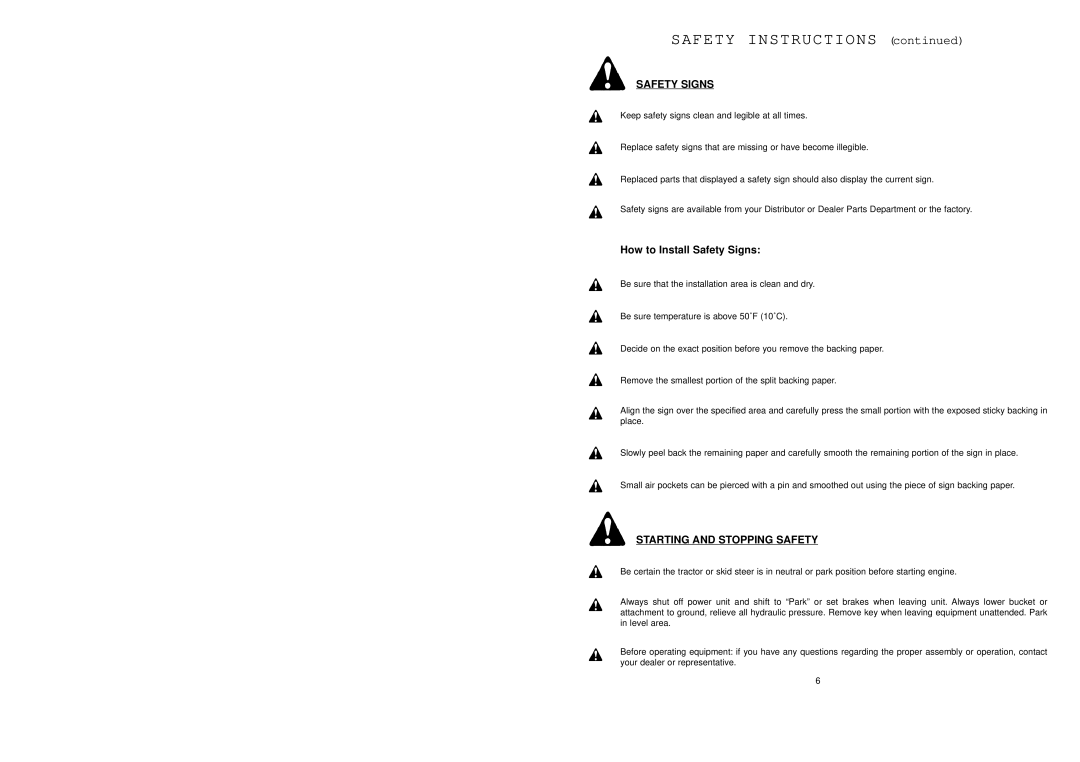 Worksaver SSPF-3742 operating instructions Safety Signs, Starting and Stopping Safety 