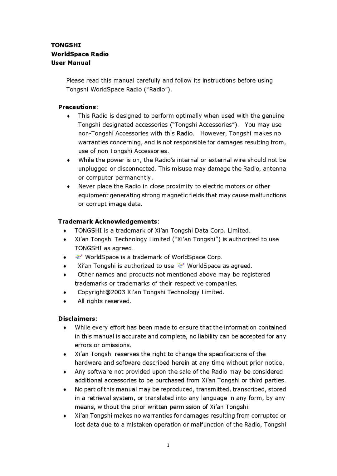 WorldSpace TONGSHI user manual WorldSpace Radio, Precautions, Trademark Acknowledgements, Disclaimers 