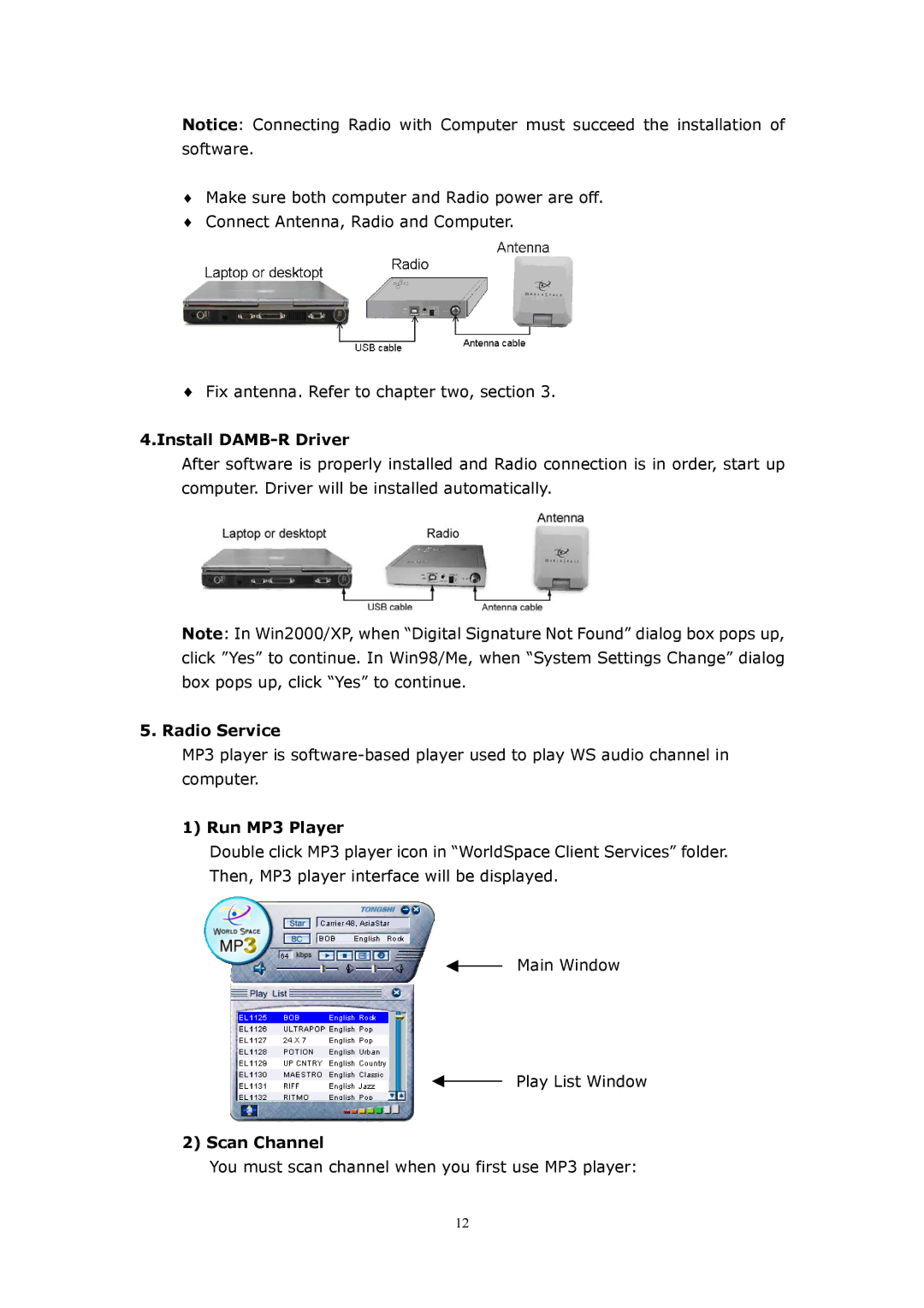 WorldSpace TONGSHI user manual Install DAMB-R Driver, Radio Service, Run MP3 Player, Scan Channel 