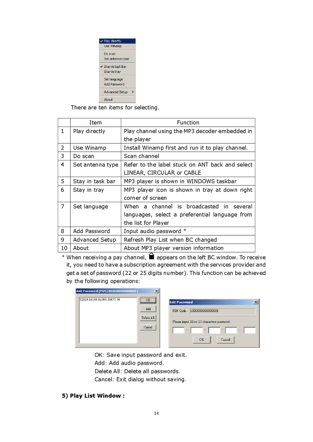 WorldSpace TONGSHI user manual Play List Window 