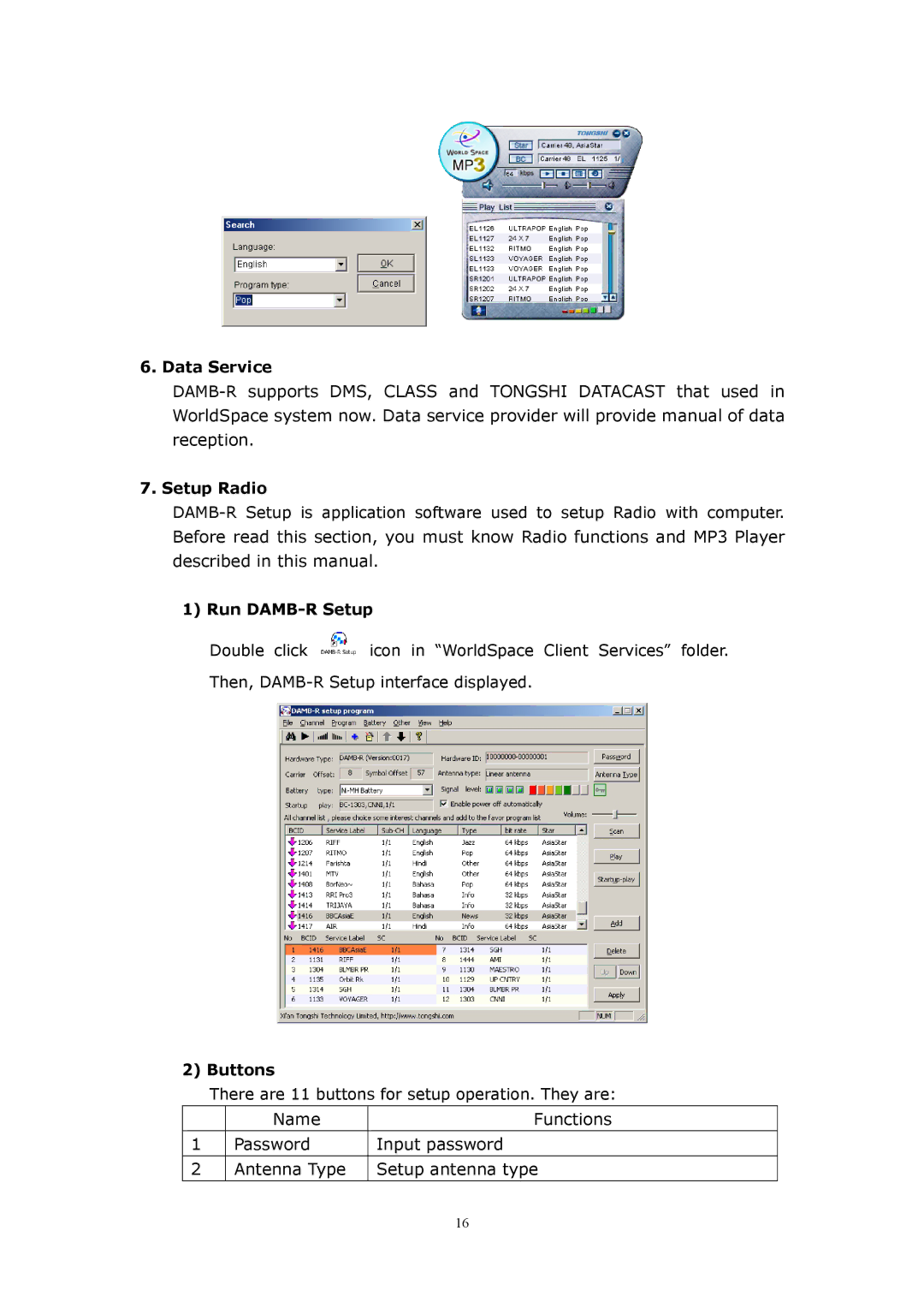 WorldSpace TONGSHI user manual Data Service, Run DAMB-R Setup 