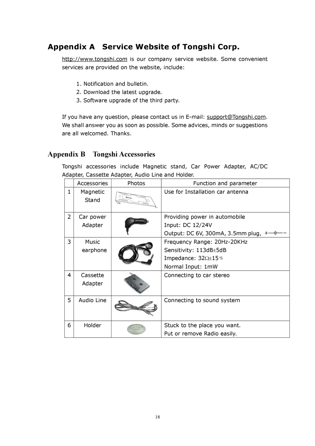 WorldSpace TONGSHI user manual Appendix a Service Website of Tongshi Corp, Appendix B Tongshi Accessories 