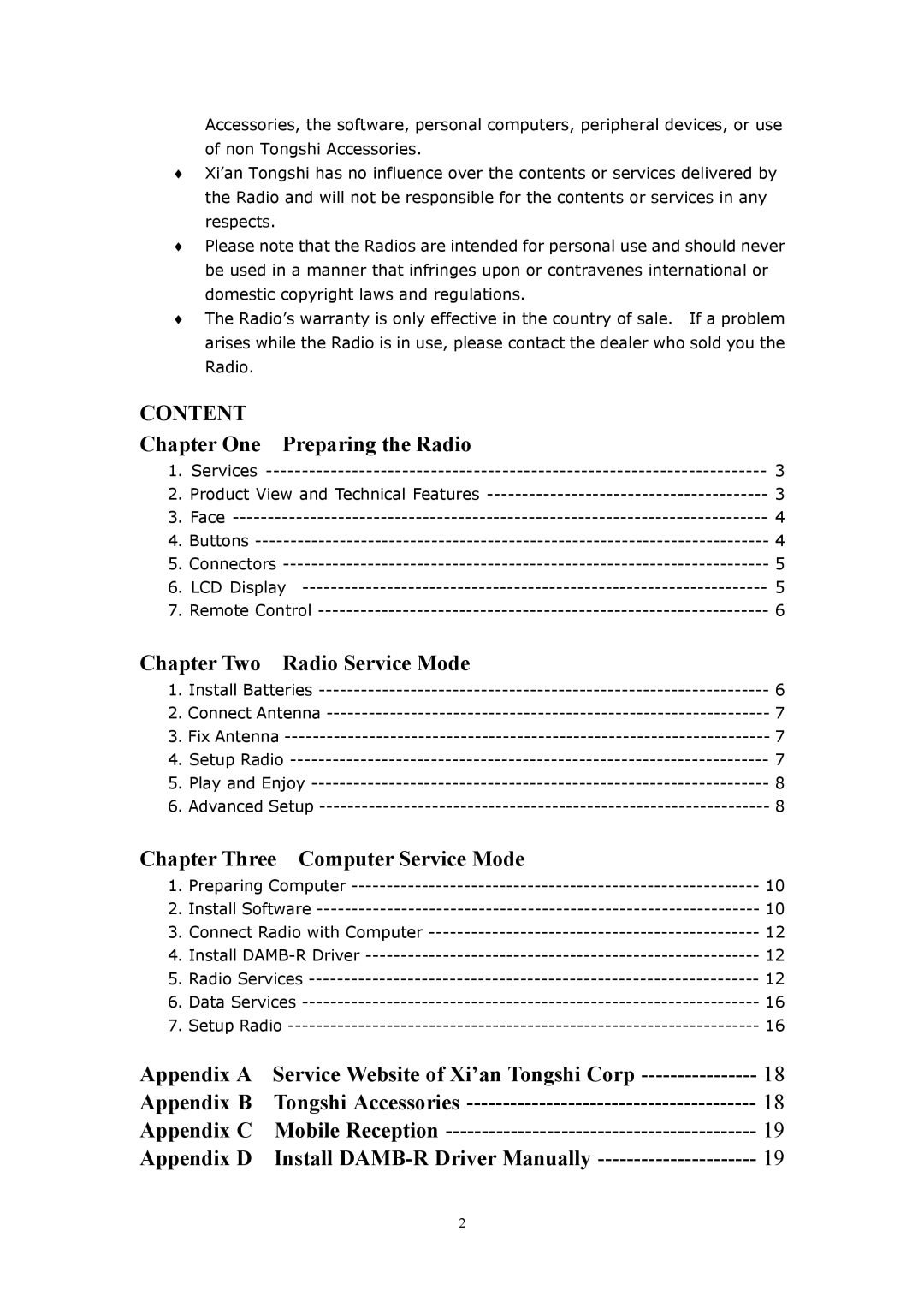 WorldSpace TONGSHI Chapter One Preparing the Radio, Radio Service Mode, Chapter Three Computer Service Mode, Appendix C 