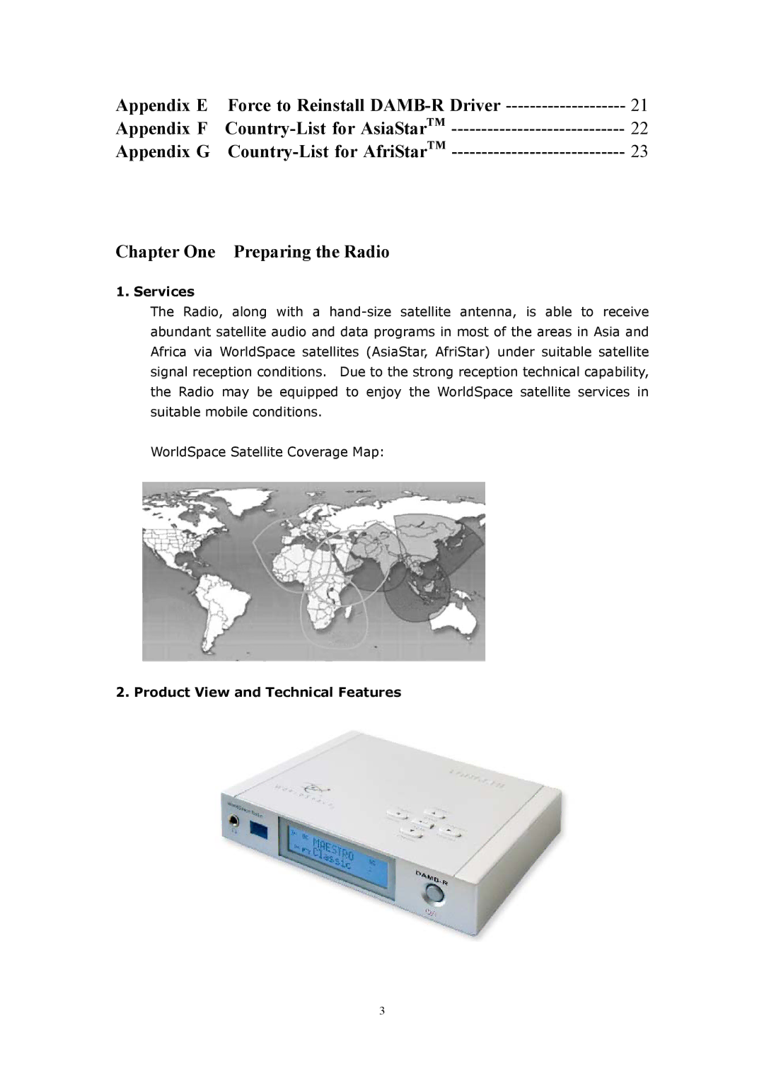 WorldSpace TONGSHI user manual Services, Product View and Technical Features 