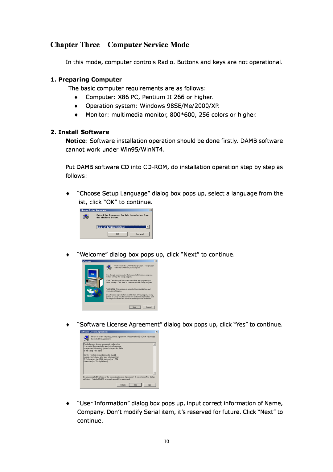 WorldSpace TONGSHI user manual Chapter Three Computer Service Mode, Preparing Computer, Install Software 