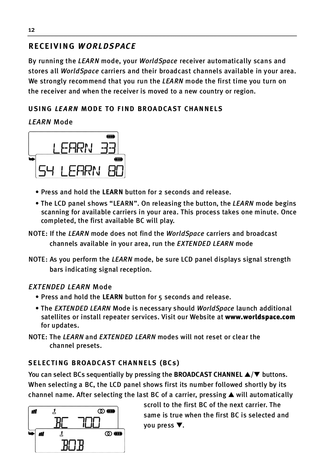 WorldSpace wssr-11 manual Sing LE a RN Mode to Find Broa DCA ST C H a N N E L S, Selec TI NG Broadc a ST Chan Nels BC s 