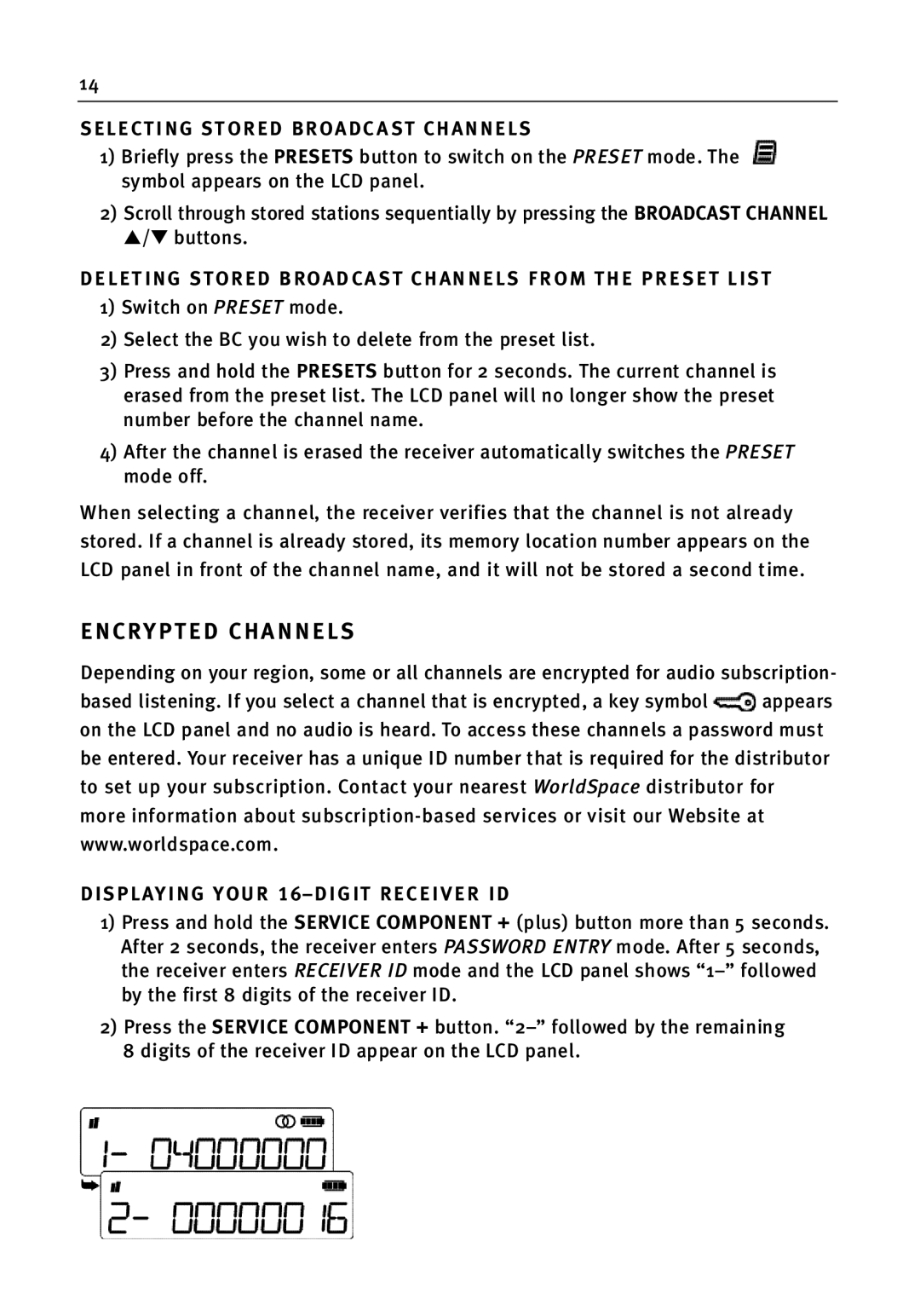 WorldSpace wssr-11 manual CRY P T ED Channels, Selecti NG ST O R ED Broadc a ST C H a N N E L S 