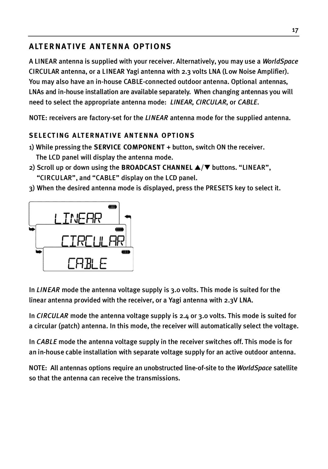 WorldSpace wssr-11 manual LT E R N Ative Antenna Options, Select ING ALT E R N Ative Antenna OPT Ions 