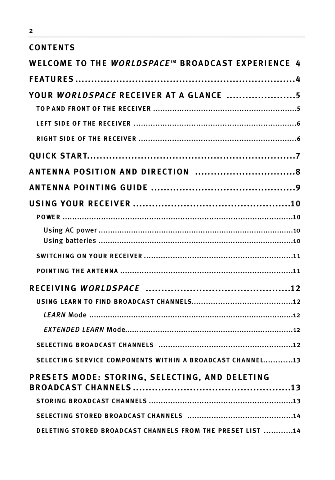 WorldSpace wssr-11 manual Co N T E N Ts, ES E TS Mode STORING, SELECTING, and Deleting 