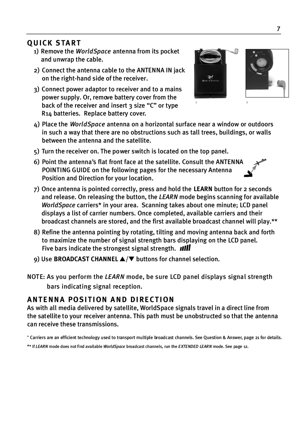 WorldSpace wssr-11 manual Quick STA R T, Antenna Position and Direction 