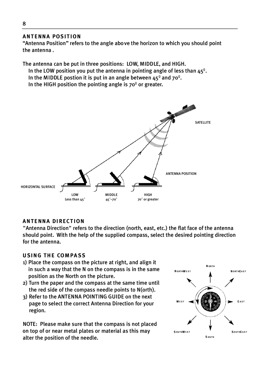 WorldSpace wssr-11 manual Antenna Position, Antenna DI Rection, Sing the CO M PA S S 