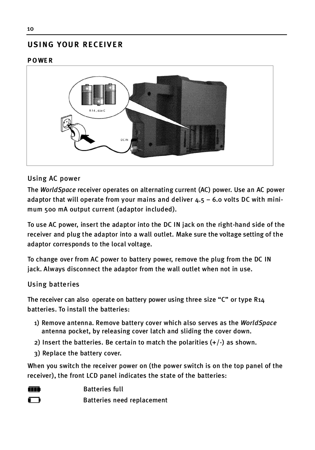 WorldSpace wssr-11 manual Using Your Receiver, Using AC power, Using batteries, P O We R 