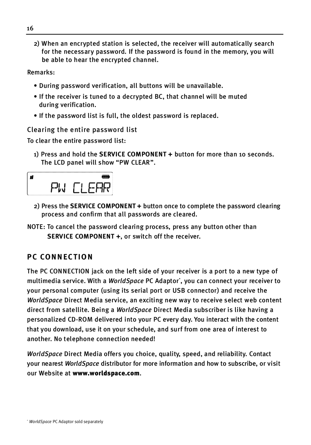 WorldSpace wssr-11 manual Pc Connection, Clearing the entire password list 