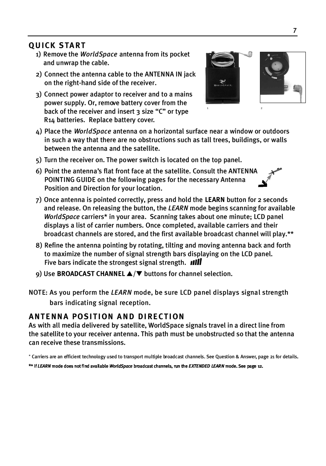 WorldSpace wssr-11 manual Quick Sta R T, Antenna Position And Direction 