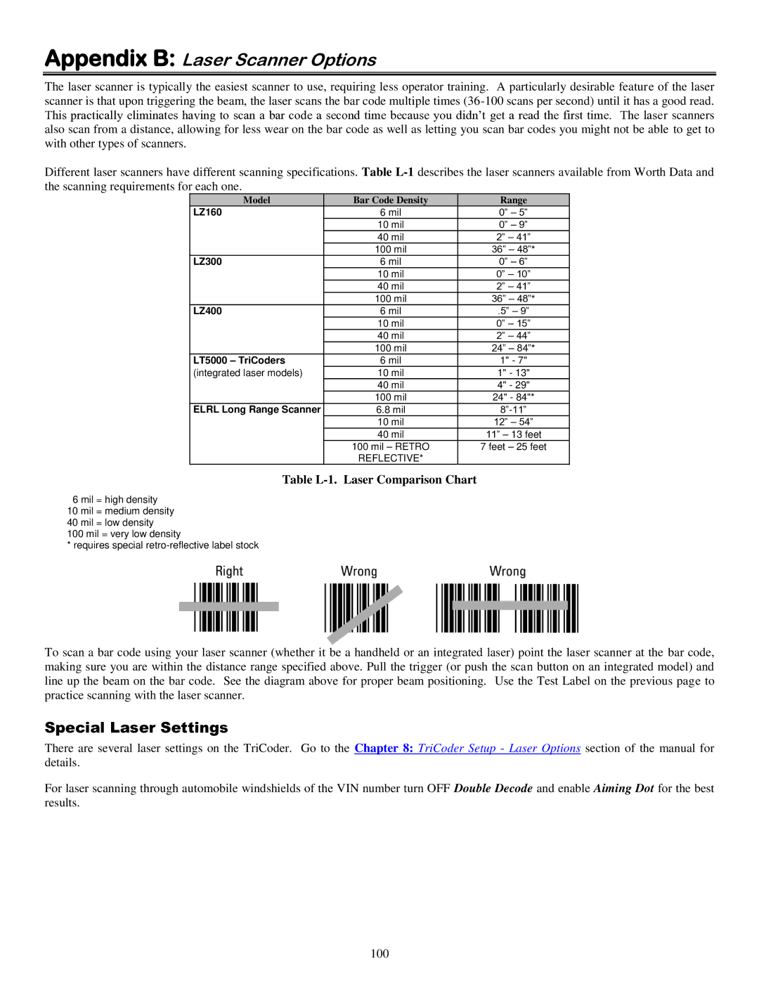 Worth Data 5000 owner manual Appendix B Laser Scanner Options, Special Laser Settings, Table L-1. Laser Comparison Chart 