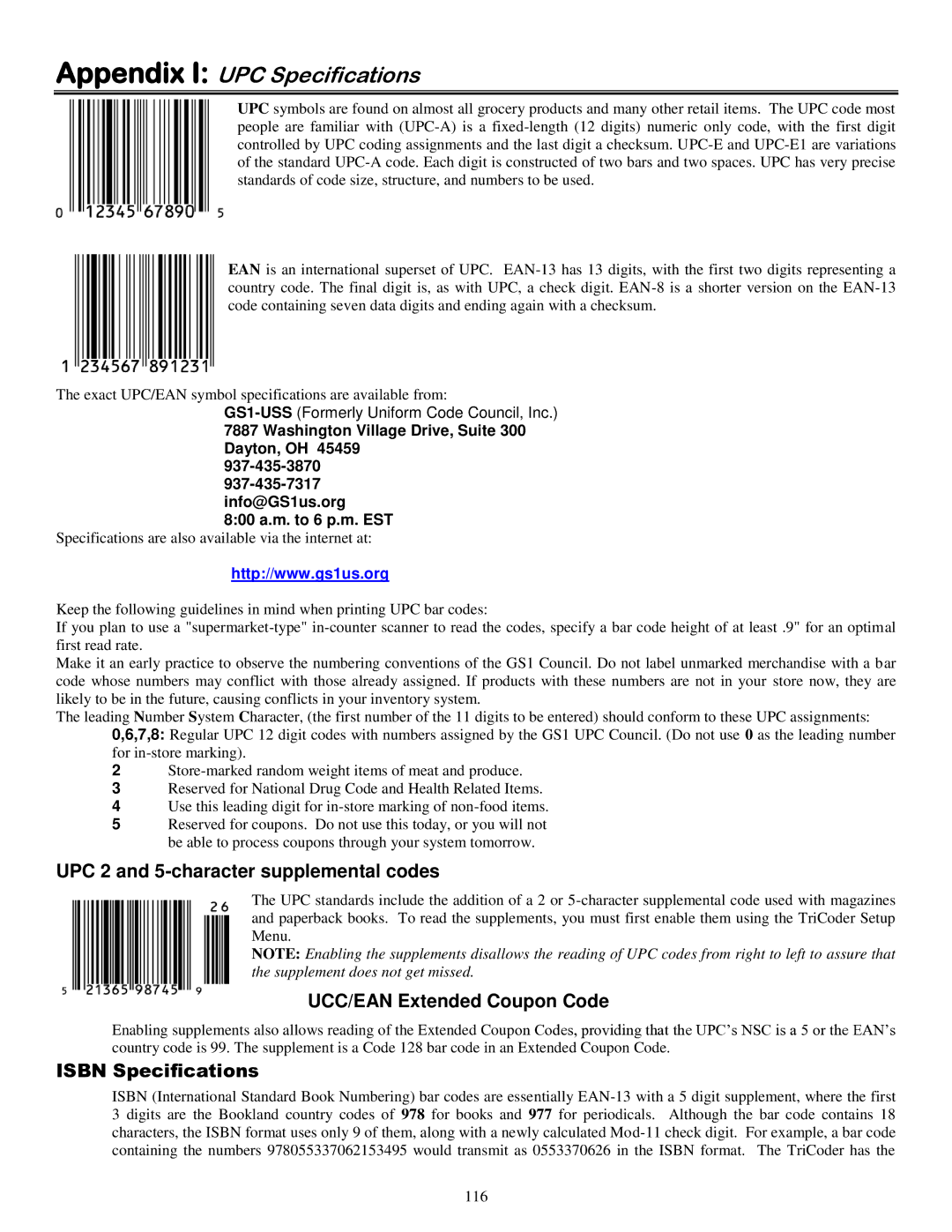 Worth Data 5000 Appendix I UPC Specifications, UPC 2 and 5-character supplemental codes, UCC/EAN Extended Coupon Code 