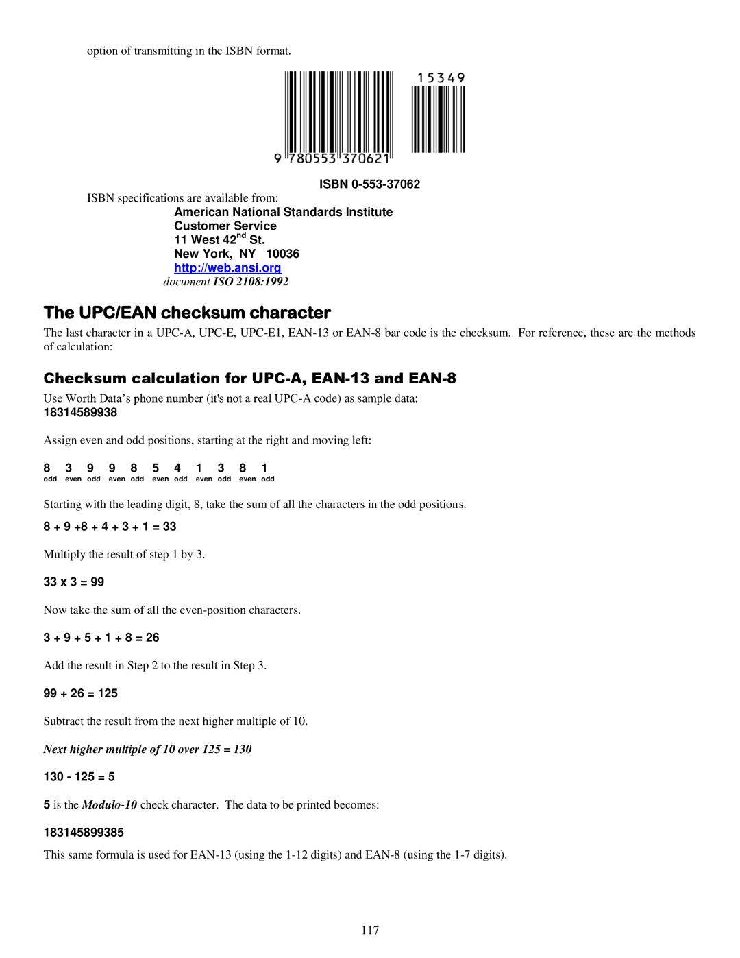 Worth Data 5000 owner manual UPC/EAN checksum character, Checksum calculation for UPC-A, EAN-13 and EAN-8 