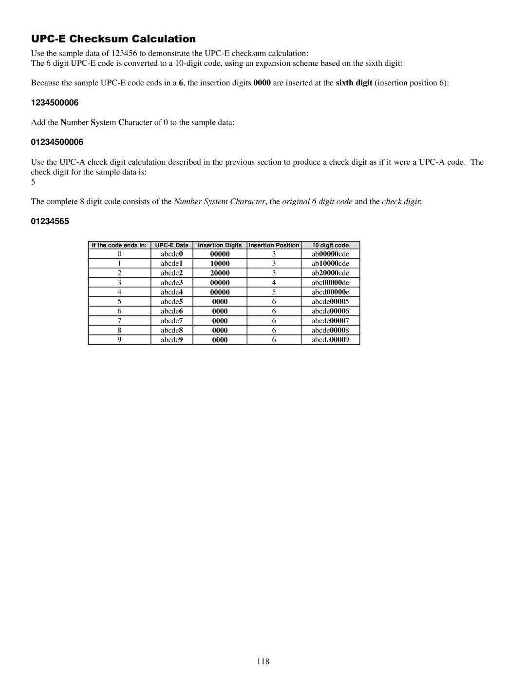 Worth Data owner manual UPC-E Checksum Calculation, 01234500006, 01234565 