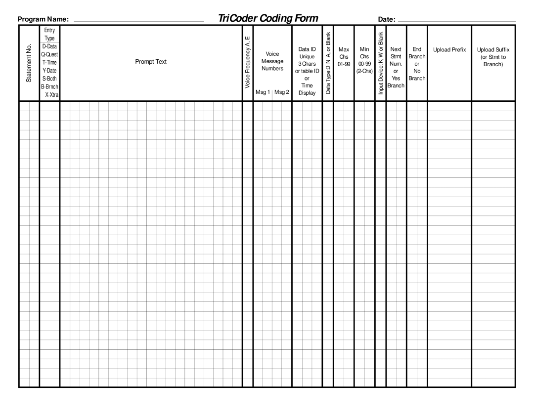 Worth Data 5000 owner manual TriCoder Coding Form, Program Name 