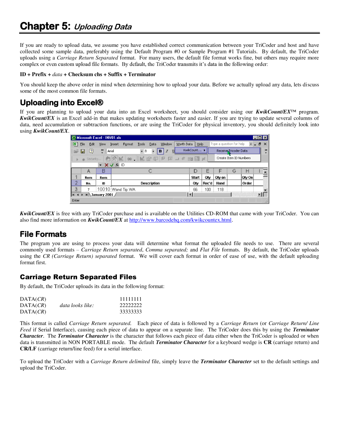 Worth Data 5000 owner manual Uploading Data, Uploading into Excel, File Formats, Carriage Return Separated Files 