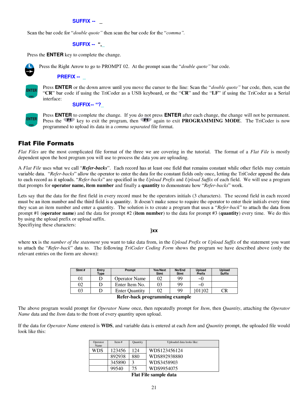 Worth Data 5000 owner manual Flat File Formats, Refer-back programming example, Flat File sample data 